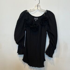 “Frank Lyman” Black Pleated Blouse with Floral Accents-new never worn